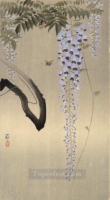 decoración floral de glicinas y abejas Ohara Koson Pintura al óleo